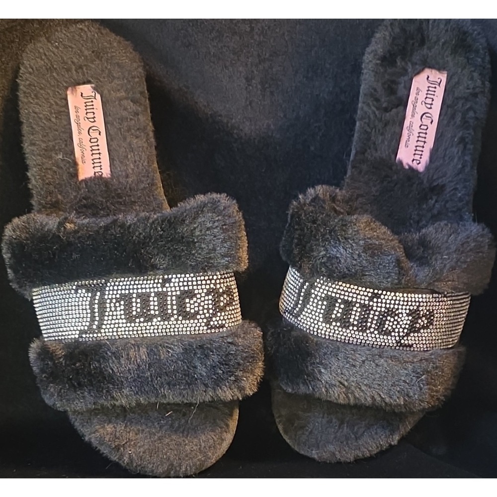 Juicy Couture JC-GRAVITY2 Black Faux Fur Slide Slipper XL Rhinestone Logo Women